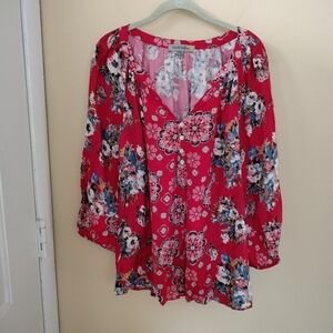Figuerca & Flower red vibrant floral blouse Top XL flowy boho office Travel